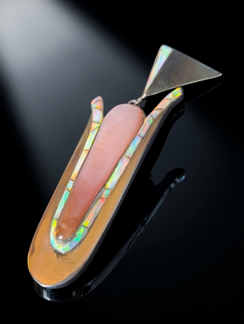 Vintage Sterling Silver Abalone Inlay Pendant 3.75” Modernist Southwestern Style